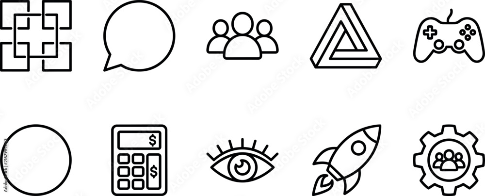Fototapeta premium Minimalist linear vector business icons set featuring interlocking squares speech bubble team triangle gamepad circle calculator eye rocket gear