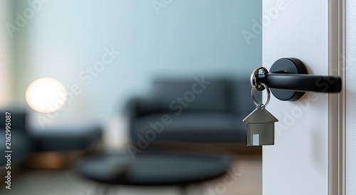 Open door reveals a home key on a modern doorknob, revealing interior