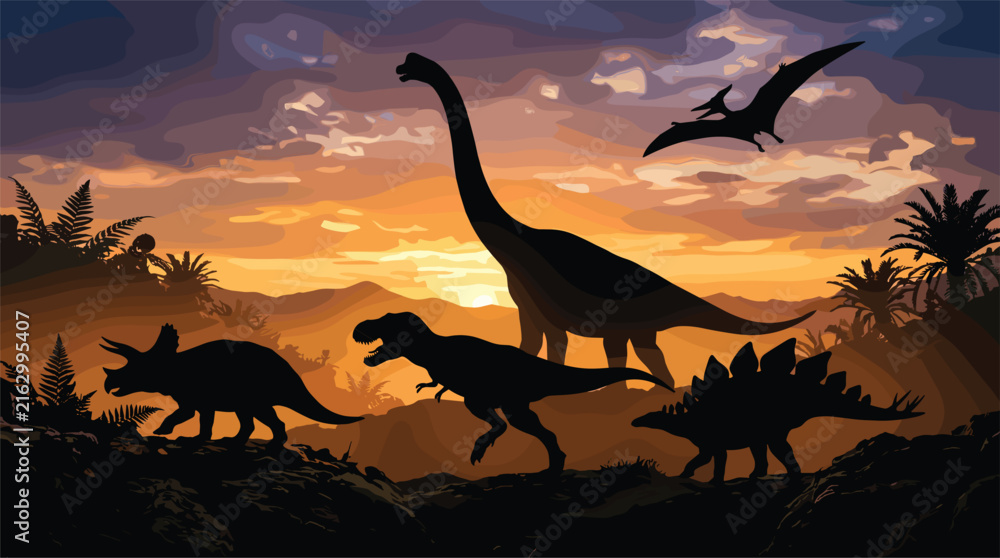 Naklejka premium Prehistoric dinosaur world landscape vector illustration with silhouettes of Tyrannosaurus Rex Brachiosaurus Triceratops Stegosaurus and flying Pterodactyl at sunset background