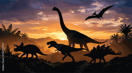 Prehistoric dinosaur world landscape vector illustration with silhouettes of Tyrannosaurus Rex Brachiosaurus Triceratops Stegosaurus and flying Pterodactyl at sunset background