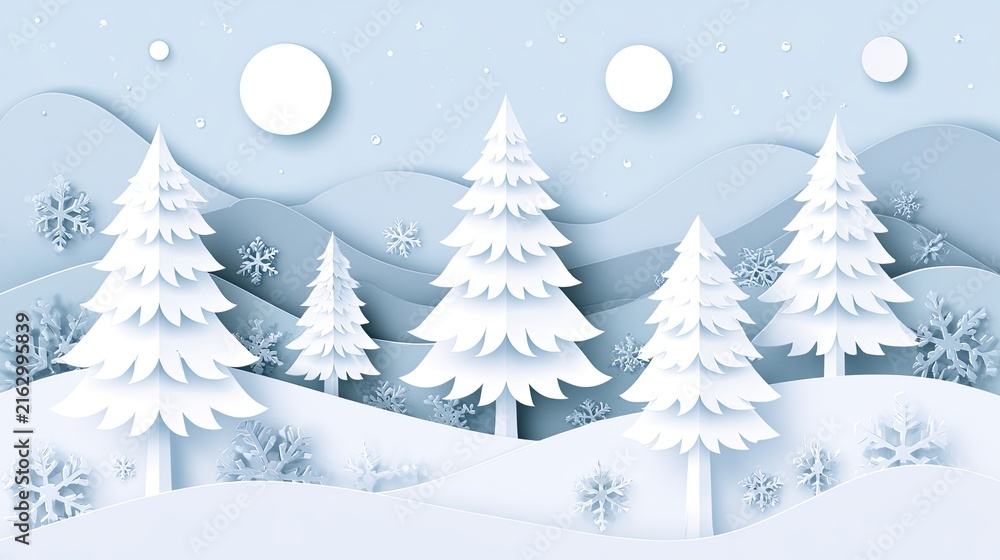 Obraz premium Layered paper-cut forest scene with snow-covered evergreen trees and falling snowflakes