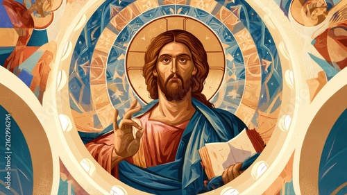 Christ Pantocrator in Byzantine Dome, Orthodox Monastic Church Icon, Textured Sacred Illustration for Faith Publishing