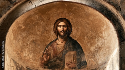 Christ Pantocrator Icon in Monastic Textured Apse, Byzantine Orthodox Christian Church Wall Art