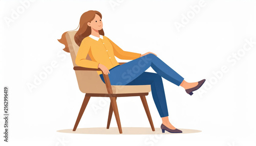 Relaxed woman sitting on chair in modern flat illustration