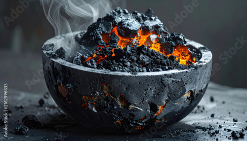Burning charcoal bowl, smoke, embers, ash