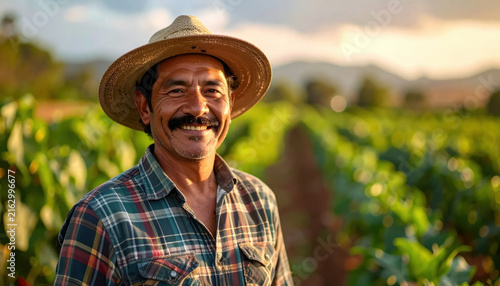 Farmer man in hat smiling on green crop field at sunset