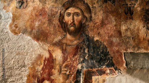 Christ Pantocrator Byzantine Fresco on Ancient Monastery Wall, Traditional Orthodox Icon Art