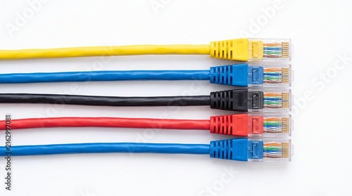 Vibrant ethernet network cables arranged in parallel rows featuring bright primary colors for professional computing and digital connectivity on white background