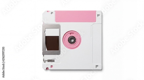Plakat w ramie Vintage magnetic computer floppy diskette with pastel pink accents featuring a retro storage media design isolated flat on white background