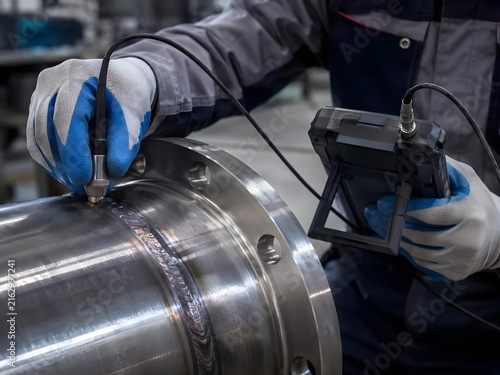 Technician Inspecting Weld Joint with Ultrasonic Tester in Factory