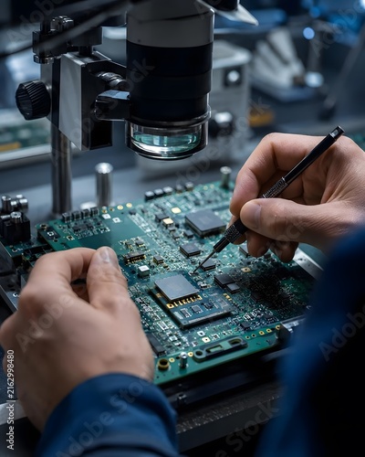 Close-Up of Technicians Working on Circuit Board in Laboratory Environment