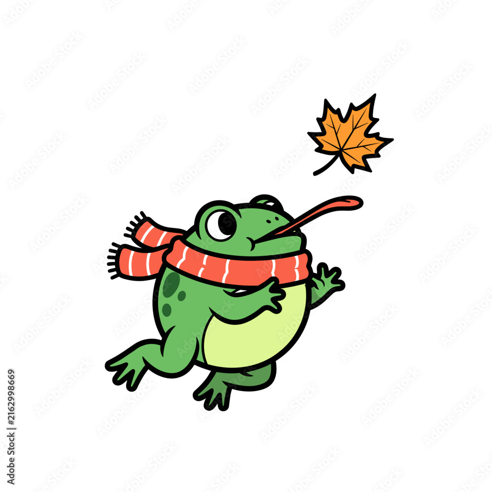 Fototapeta premium Frog wearing scarf catching falling autumn leaf.