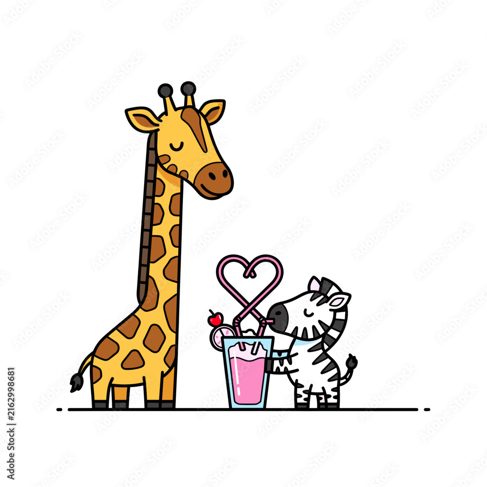 Naklejka premium Giraffe and zebra sharing milkshake with heart straw.