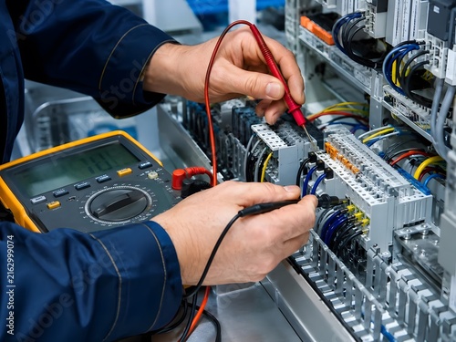 Technician Performing Electrical Testing with Multimeter and Wiring
