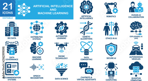 Artificial intelligence solid icon set. Includes symbols for Brain, Chip, and Network. Vectors for tech apps.
