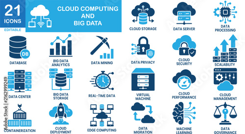 Cloud computing and big data solid icon set. Includes symbols for Cloud, Server, and Database. Vectors for tech apps.