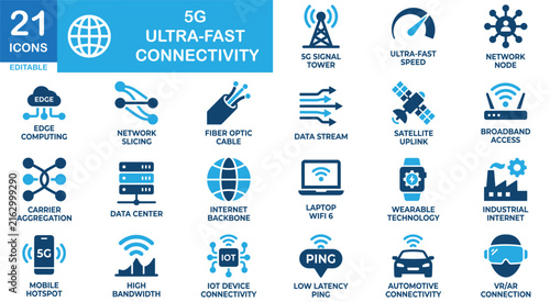 5G connectivity solid icon set. Includes symbols for Antenna, Signal, and Network. Vectors for telecom apps.
