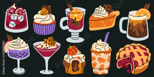 Cozy fall hot beverages and delicious pastries doodle vector set for holiday banners