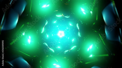 Neon geometric tunnel pulses in cyan and green, seamless loop