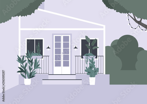 A quaint porch adorns a pastel home, where potted plants thrive, A pigeon rests on the steps leading to the doors, while string lights glow softly in the background.