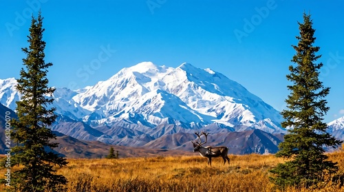 Stunning landscape view of snow capped mountain peak framed by two tall green pine trees under sky