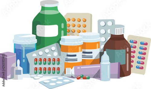 Medical Pharmacy Composition Vector Illustration with Prescription Pill Bottles Blister Packs Syrup Bottles and Medication Ointment