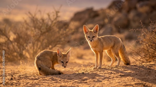 Two beautiful deer graze peacefully in a dry field during the golden hour of sunset