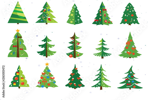Christmas Tree Vector Set with Flat Stylized Evergreen Trees featuring Baubles Garlands Stockings and Stars Holiday Ornaments