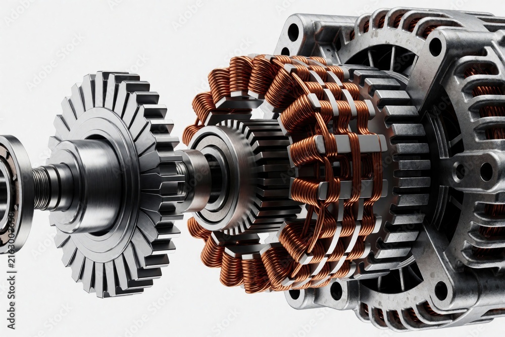 Fototapeta premium Exploded view of car alternator shows internal metal components copper windings rotor stator gear bearing. Automotive engine part isolated white background.