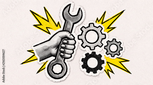 Pop Art Halftone Hand Holding Wrench with Gears, Repair and Maintenance Concept, Technical Support and Mechanical Troubleshooting in Torn Paper Collage Style