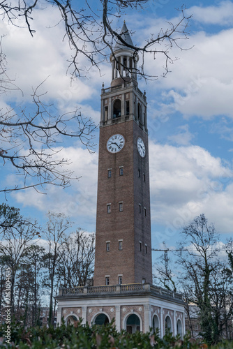 Chapel Hill, North Carolina, United States - 22 December 2021: View of the Morehead-Patterson Bell Tower at the University of North Carolina at Chapel Hill, with brick architecture and arched base.
