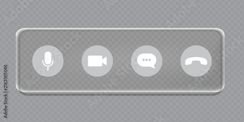 Video Call Interface Icons: A clear, glass-like interface displays four essential icons for a virtual communication session: microphone, camera, chat bubble, and phone receiver.