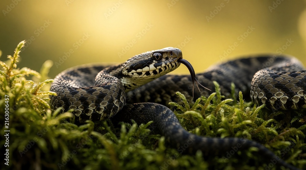 Obraz premium Viper snake with forked tongue flicks out, coiled on mossy ground. Detailed scales visible on wild reptile in natural habitat, sensing environment with its smell.