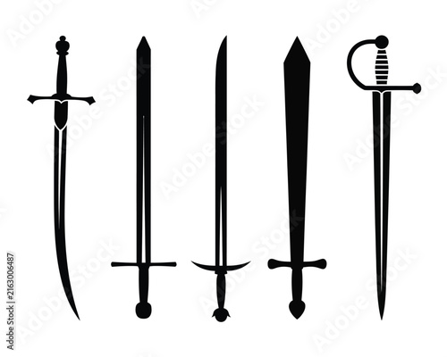 Bild auf Leinwand Medieval sword set vector illustration featuring scimitar broadsword katana longsword and rapier silhouettes isolated on white background