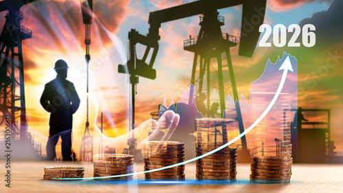 Double exposure of businessman with refinery plant and Crude Oil pump oil rig energy industrial machine for petroleum background