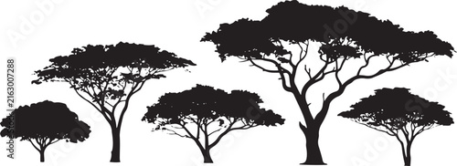 African acacia tree safari landscape nature forest silhouette set illustration