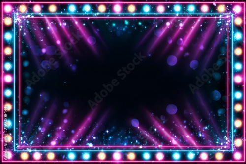 Vibrant Neon Light Frame with Glowing Bulbs and Sparkling Effects. Energetic Stage or Party Background.