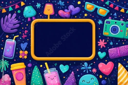 Fun Party Celebration Background with Colorful Cartoon Elements and an Empty Text Frame