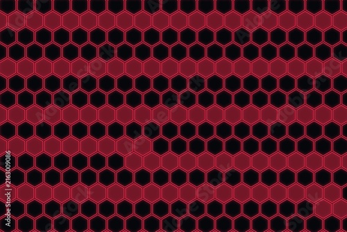 Abstract red honeycomb pattern with glowing neon lines on black backdrop.