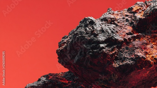 Abstract textured volcanic rock with glowing molten lava elements against a vibrant red background, showcasing intense heat and geological formations.