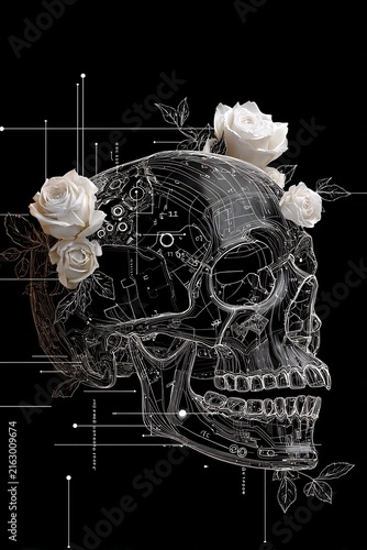 Abstract Human Skull Blueprint with Circuit Lines and White Roses on Black