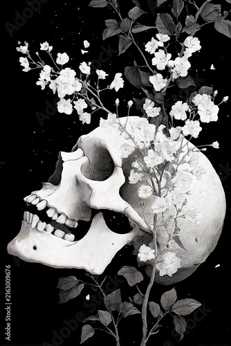 Monochrome Engraving of a Human Skull with Blooming White Flowers, Symbolizing Life and Death on Black Background