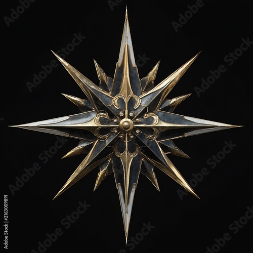 Detailed gothic fantasy star emblem with sharp points, crafted from dark metal and shimmering gold, isolated on black background.