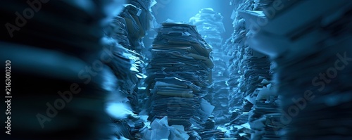 Towering stacks of paper ascend into a dimly lit, blue-hued abyss