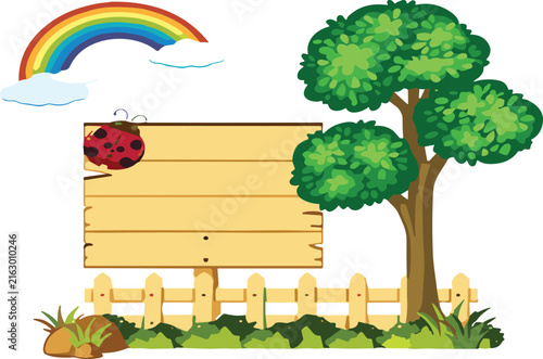 Wooden Signboard Vector Background with Green Garden Tree Picket Fence Rainbow and Cute Ladybug Board Template