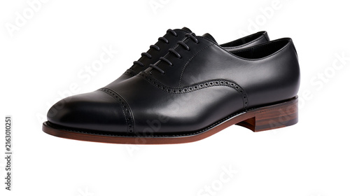 Фотография Black leather cap toe oxford dress shoes with brogue detailing