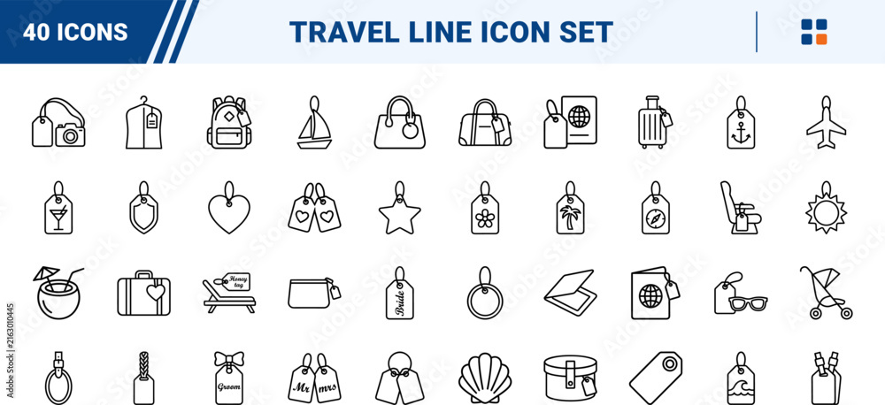 Fototapeta premium Travel line icon set. Vector pictograms of luggage tags, honeymoon accessories, travel bags, and vacation elements, thin linear illustration.