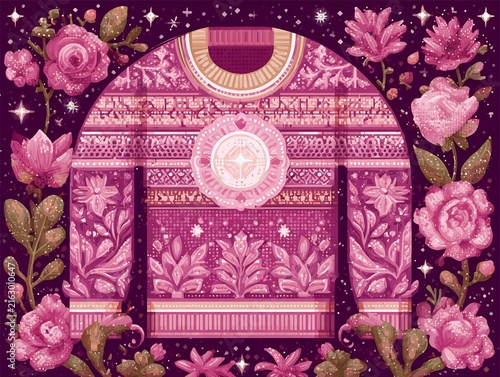 Whimsical Pink Festive Knitted Sweater with Floral Patterns and Glittering Stars on a Dark Background