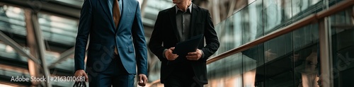 Two men in suits walk together, one carrying a briefcase