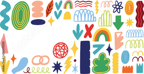 Hand Drawn Abstract Shape Elements Vector Set with Colorful Cute Matte Doodles Squiggles and Geometric Folk Art Symbols